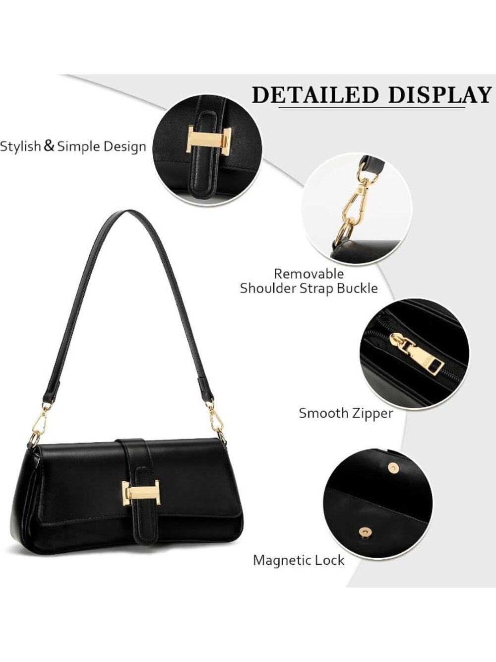 〽️Women's Black Small Hobo Vegan Leather Mini Retro Zipper Clutch Crossbody Bags - Picture 3 of 6